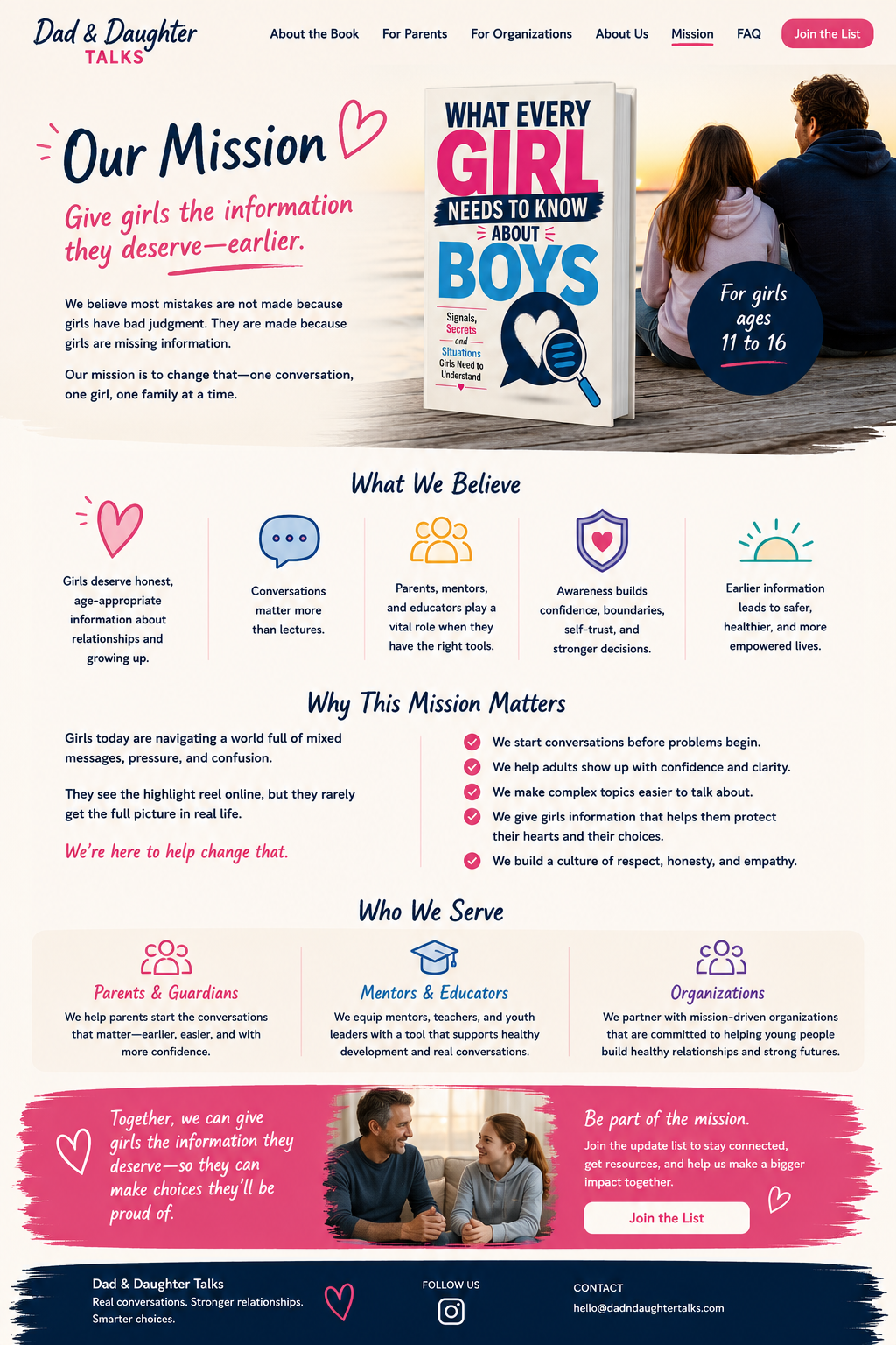 Our Mission. Give girls the information they deserve earlier. What we believe, why this mission matters, who we serve, and how to join the list.